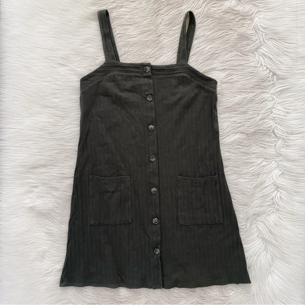 American Eagle Green Ribbed Button Front Sleeveless Square Neck Dress